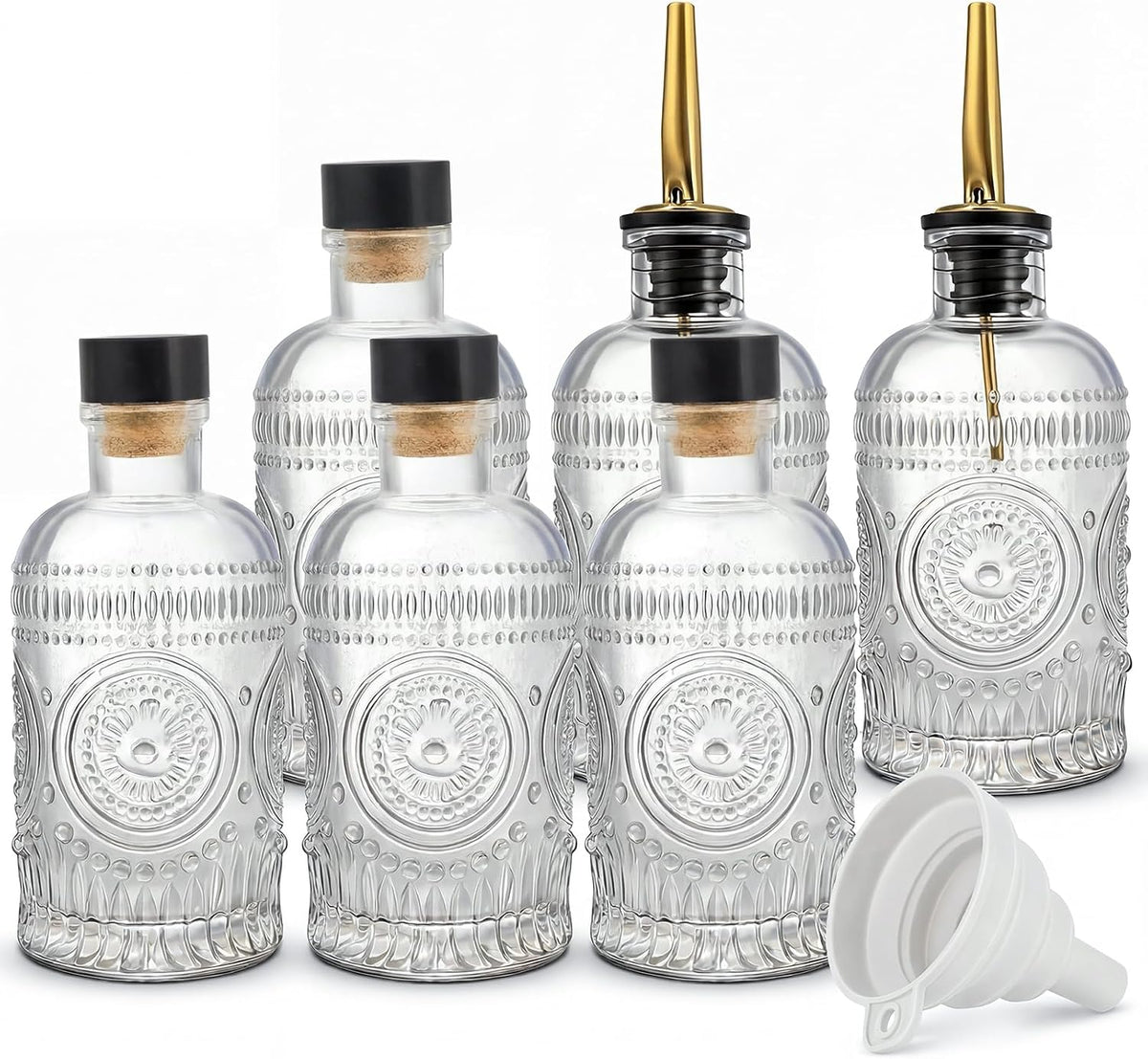 Kingrol Embossed Glass Olive Oil Dispenser Set - 6 Pack 7 oz Clear Bottles with Non-Drip Pour Spouts, Labels & Funnel for Oil, Vinegar & Dressing Organization
