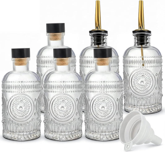 Kingrol Embossed Glass Olive Oil Dispenser Set - 6 Pack 7 oz Clear Bottles with Non-Drip Pour Spouts, Labels & Funnel for Oil, Vinegar & Dressing Organization