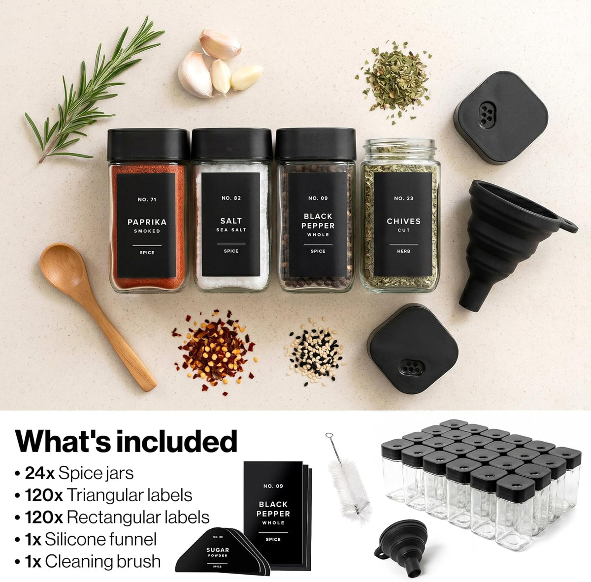 EDELHAUS Glass Square Spice Jars with Label, 24x Black Sprinkle Lids