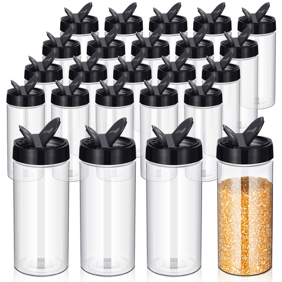 Zhehao 24 Pcs Plastic Spice Jars Clear Reusable Containers, 16 oz, Black