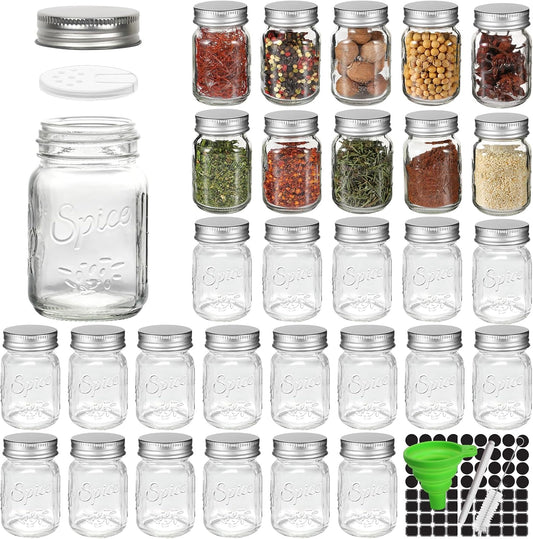 CycleMore 30 Pack 4oz Round Glass Spice Jars with Shaker Lids & Metal Caps