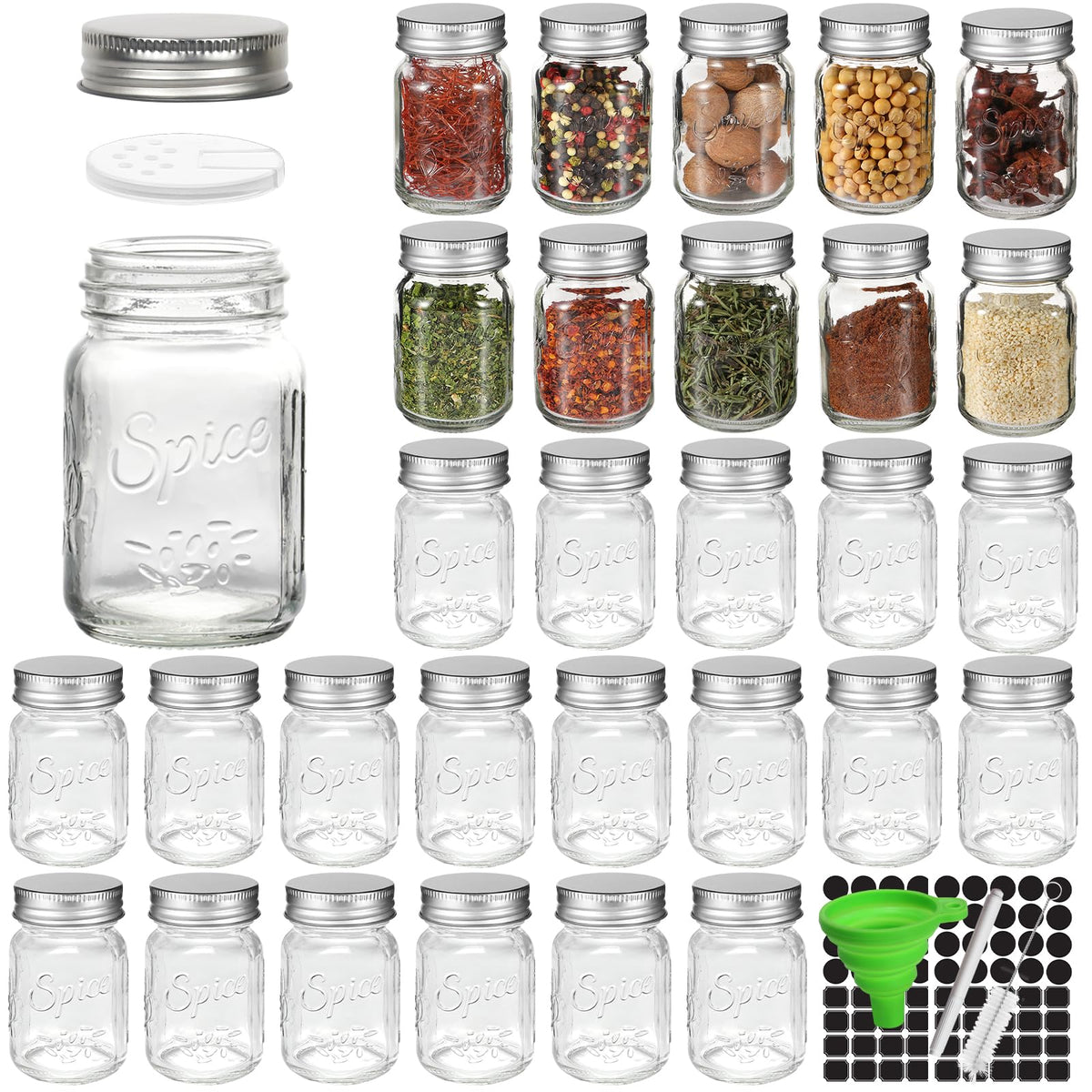 CycleMore 30 Pack 4oz Round Glass Spice Jars with Shaker Lids & Metal Caps