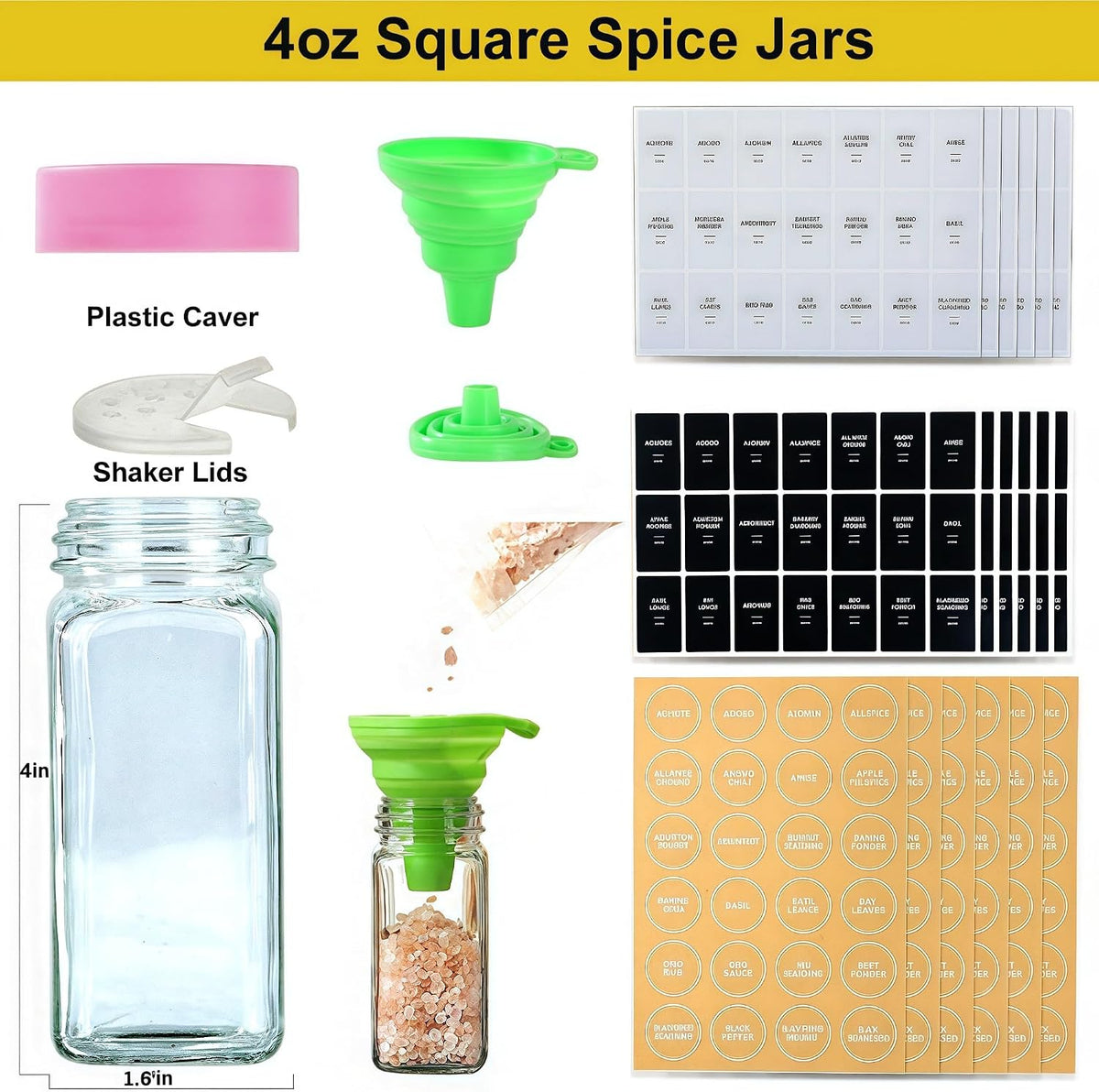 24 Spice Jars with Labels, 4oz Seasoning Jars for Cabinets, Drawers, Racks
