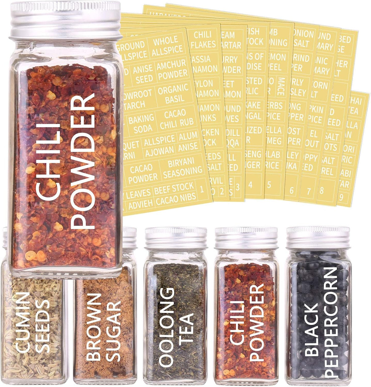 SWOMMOLY 66 Pcs 4 oz Glass Spice Jars with Shaker Lids and 703 Spice Labels