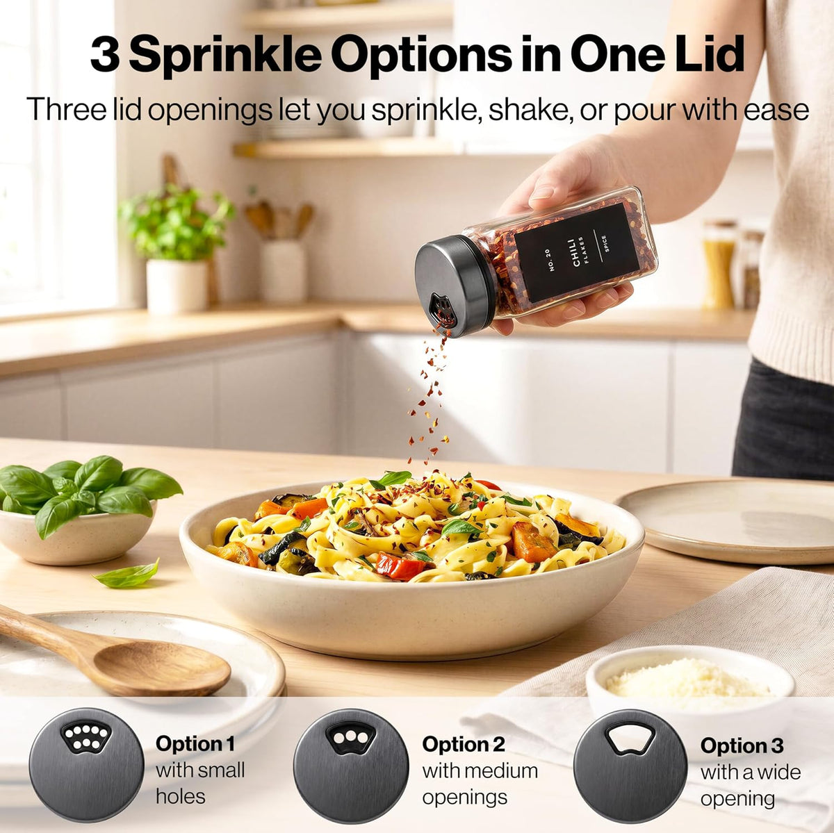 EDELHAUS Glass Spice Jars with Label, Space Gray Sprinkle Lids (24 x 4oz)