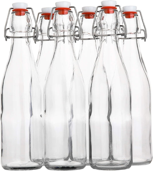 AYL Flip Top Glass Bottle [16 fl. oz./Pack of 6]– Swing Top Brewing Bottle with Stopper for Beverages, Oil, Vinegar, Kombucha, Beer, Water, Soda, Kefir – Airtight Lid & Leak Proof Cap – Clear