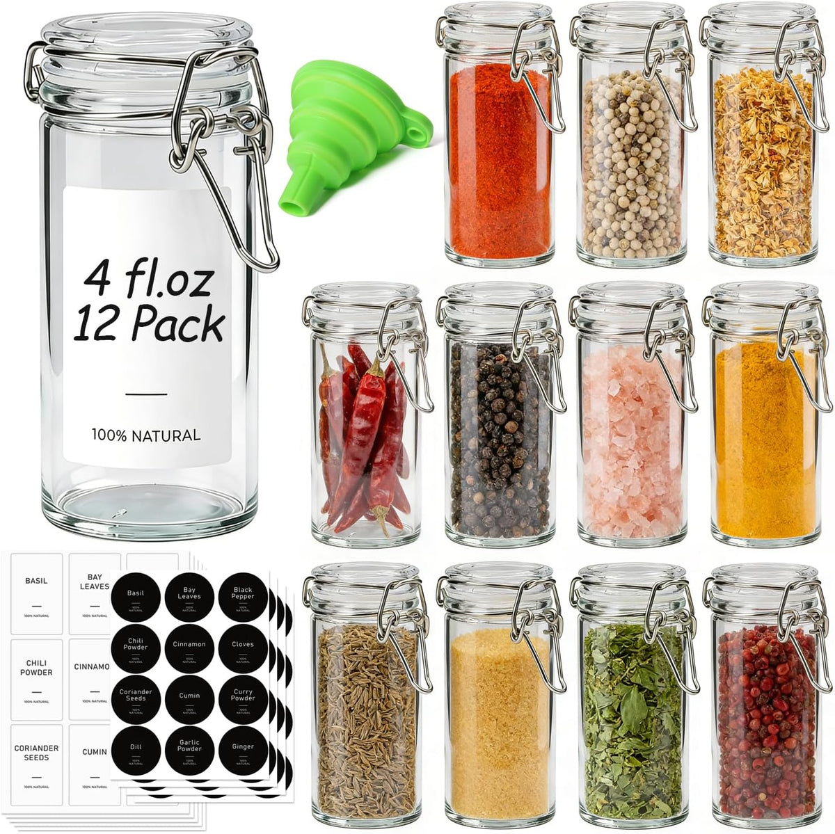 ComSaf Small Glass Spice Jars with Airtight Lids 4 oz 12 Pack with Labels