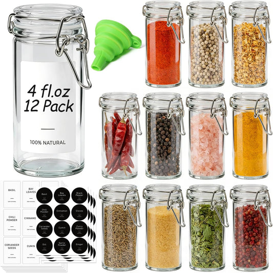 ComSaf Small Glass Spice Jars with Airtight Lids 4 oz 12 Pack with Labels