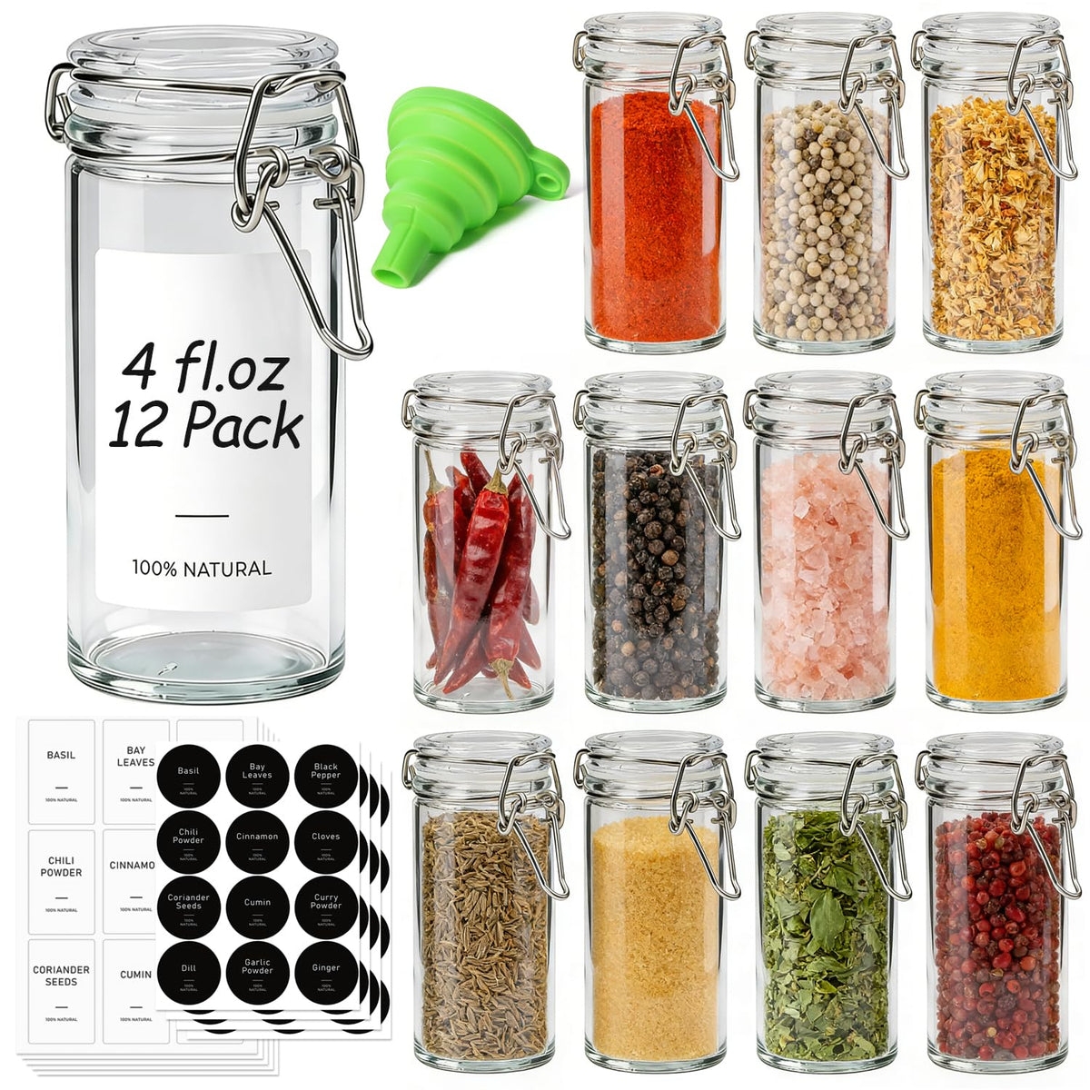 ComSaf Small Glass Spice Jars with Airtight Lids 4 oz 12 Pack with Labels