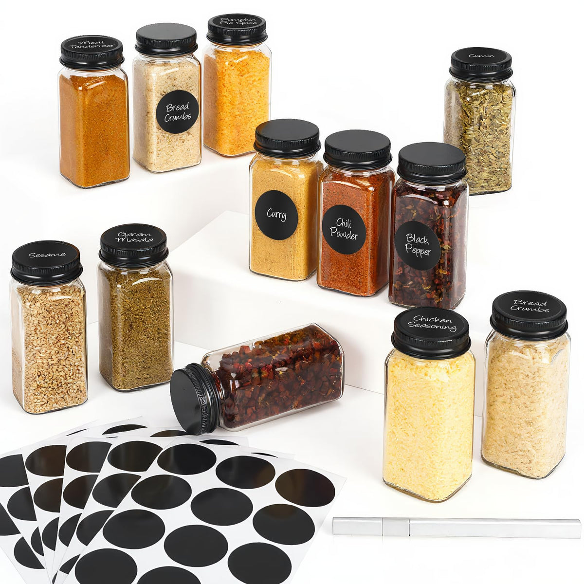 DIDITIME 6Pack Spice Jars with Label, 4oz Empty Square Seasoning Containers