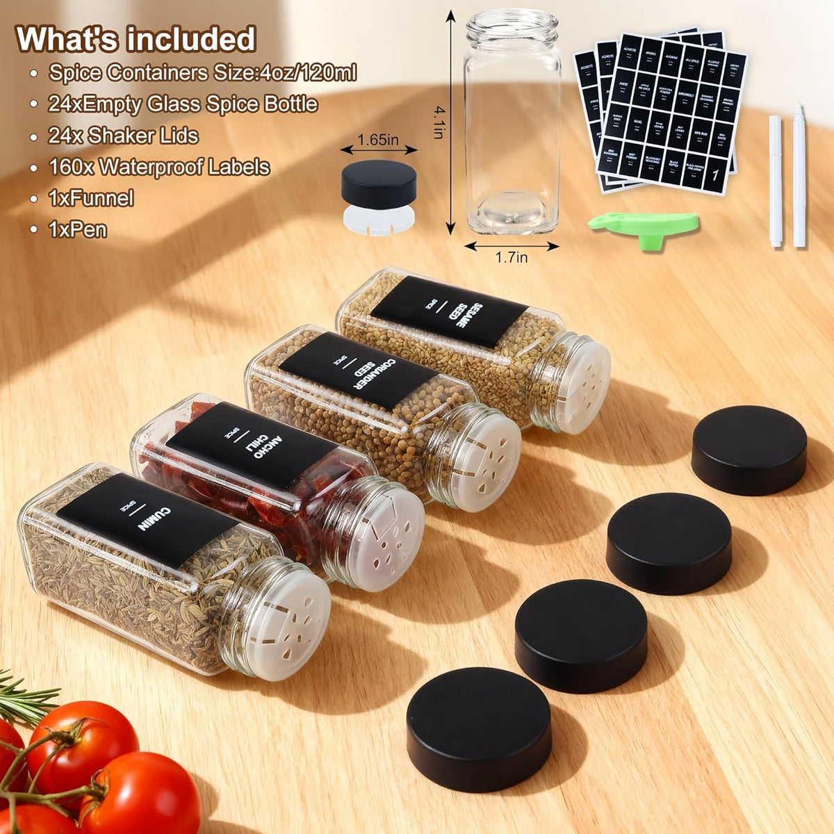 24 Spice Jars with Labels, 4oz Seasoning Jars for Cabinets, Drawers, Racks