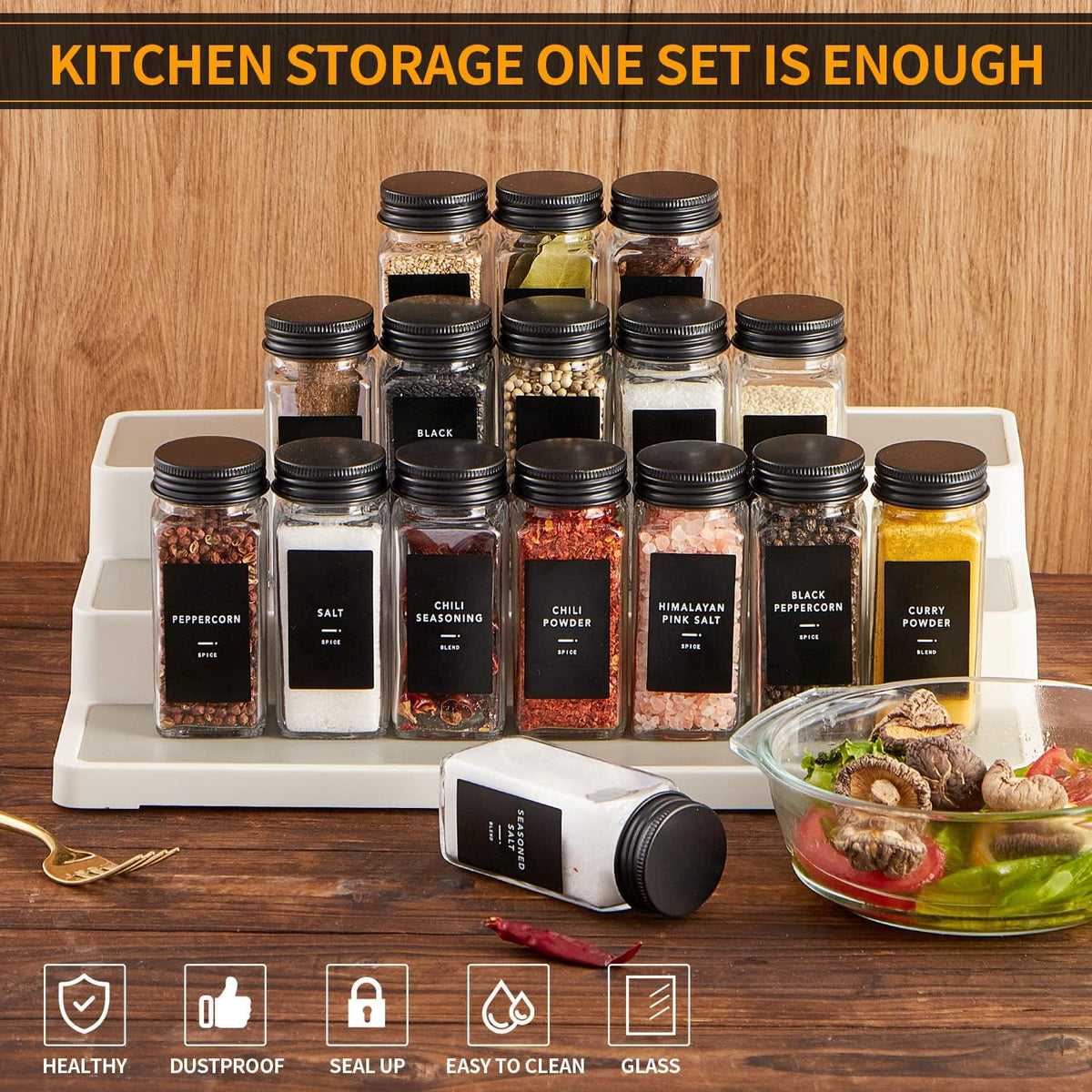 25 Glass Spice jars with label, 4oz Seasoning jars with Black Metal Lids