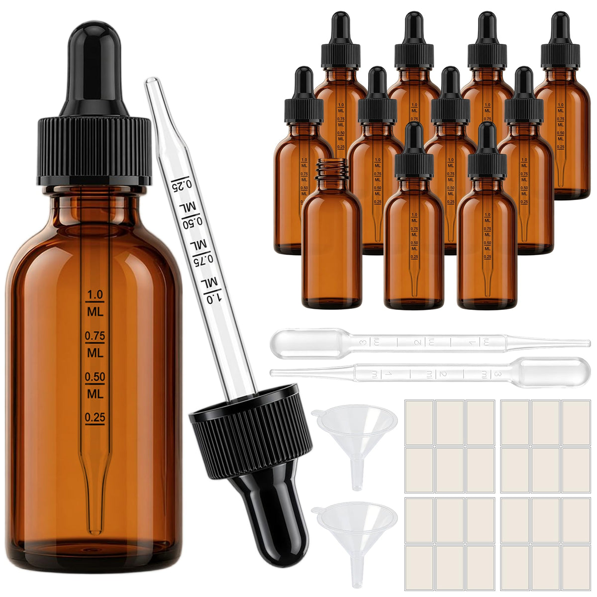 PrettyCare Glass Eye Dropper Bottles 24 Pack, 1oz (30ml) Clear Empty Thick Bottles Bulk with Leakproof Golden Caps - With Labels & Funnels for Storage, Travel, Essential Oils, Cuticle Oils, Tinctures
