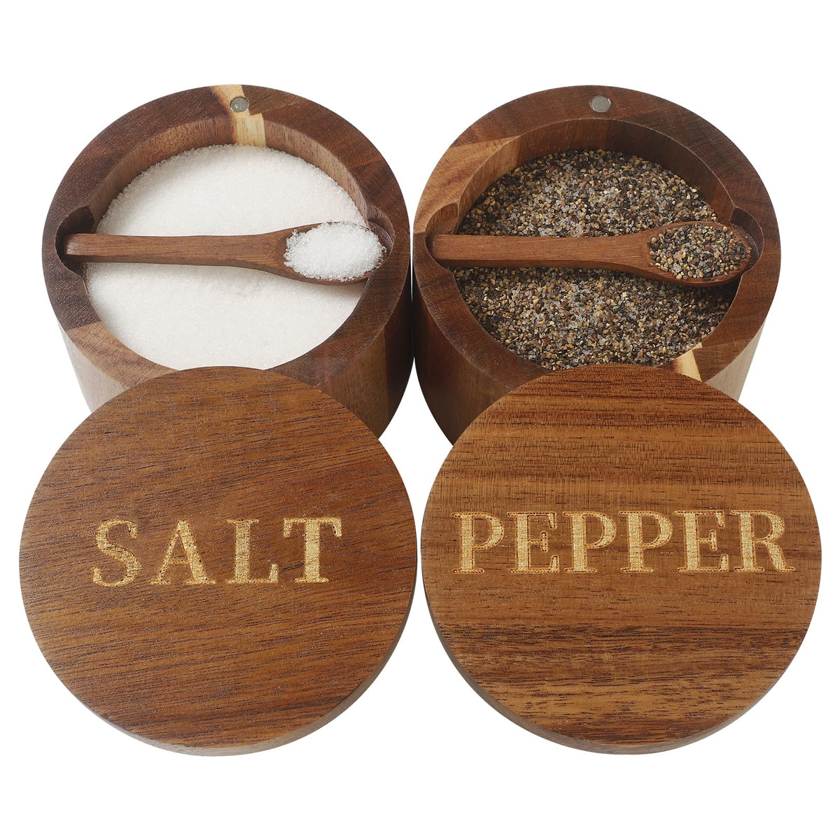 Timtopno Salt Cellar, Acacia Wood Salt Container with Built-in Spoon & Swivel Lid, Engraved SALT Box, Salt Holder Bowl for Countertop Seasoning Storage