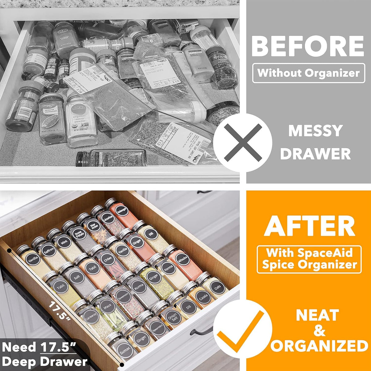 SpaceAid Spice Drawer Organizer with 28 Spice Jars, 386 Spice Labels, 4 Tier Seasoning Rack Tray Insert for Kitchen Drawers, 13" Wide x 17.5" Deep