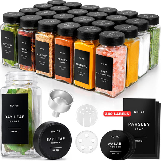 EDELHAUS Glass Spice Jars with Labels, 24x Matte Black Lids - 4oz Set