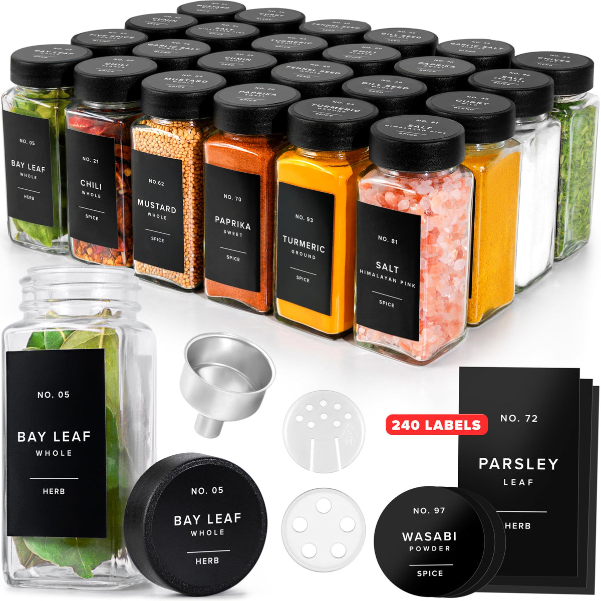 EDELHAUS Glass Spice Jars with Label, 24x Black Bamboo Wooden Lids