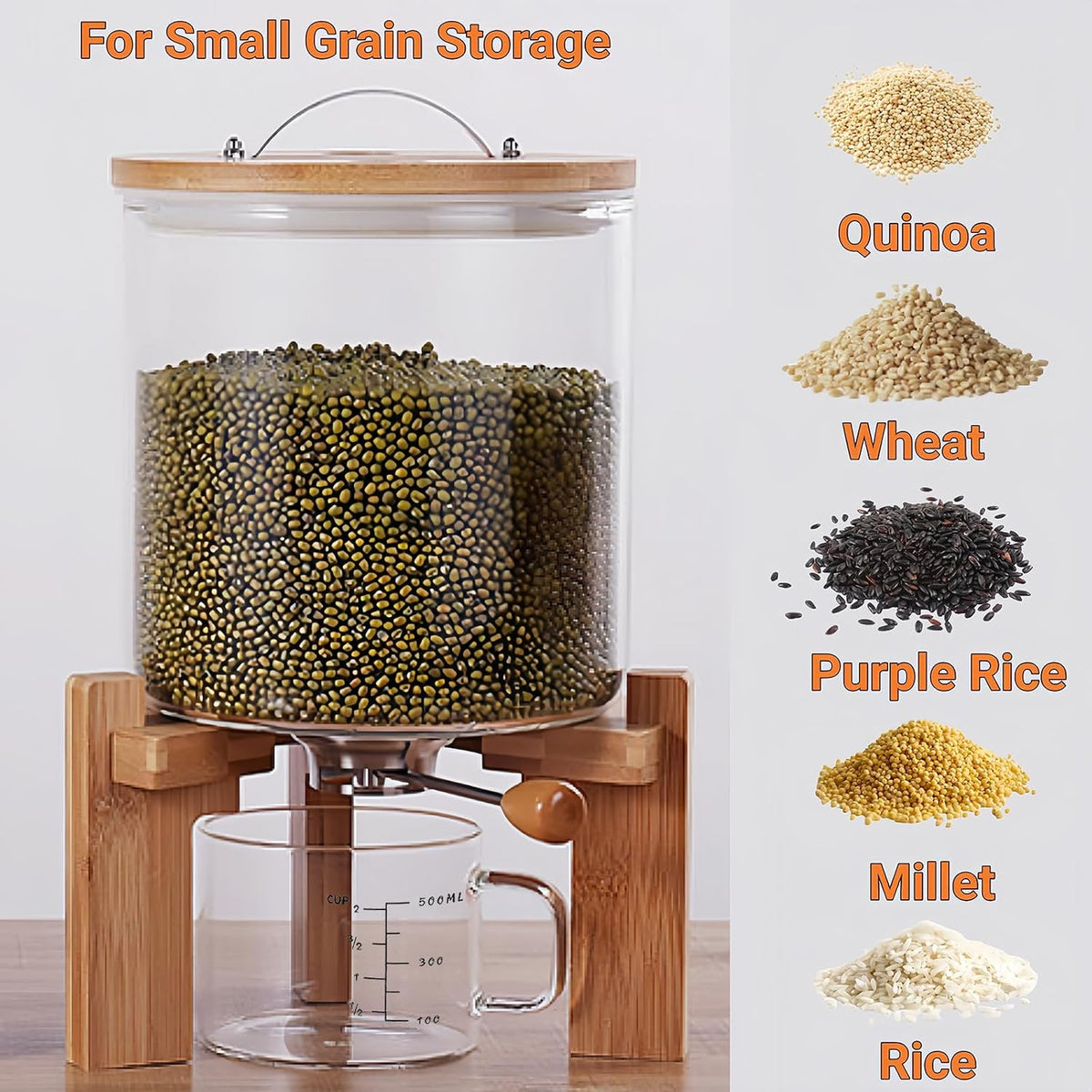 Tlence 5L Glass Rice Dispenser, Cereal Container with Bamboo Stand, Large Airtight Food Storage Bin, Rice Organization Tank with Measuring Cup for Grain Coffee Beans Dry Food