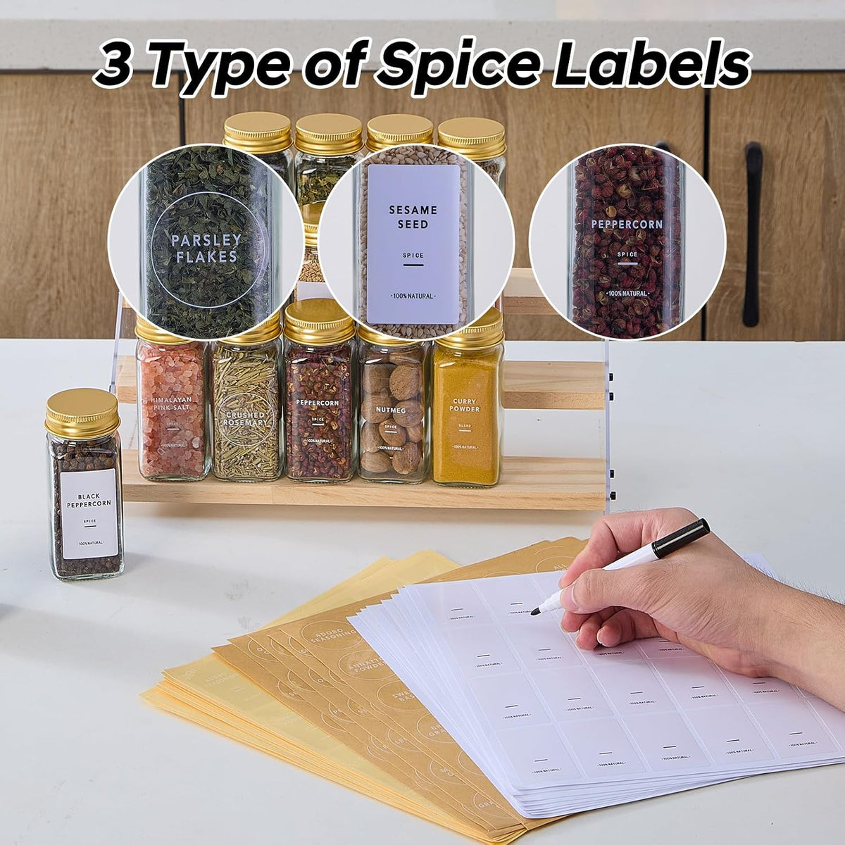 24 Pcs Glass Spice Jars with Labels, Seasoning Bottles with Gold Metal Caps