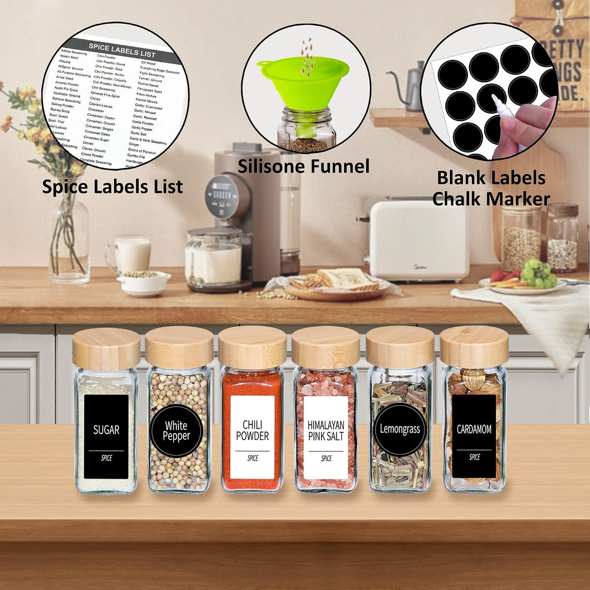 Churboro 48-Pack Empty Glass Spice Jars with Labels, 4 oz, Bamboo Lids