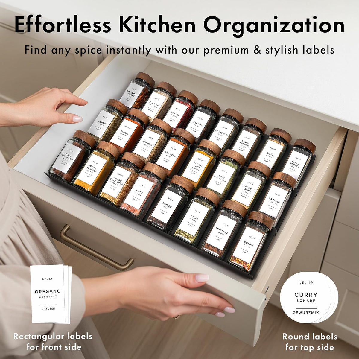 EDELHAUS Glass Spice Jars with Label, 24x Acacia Wooden Lids - White Labels
