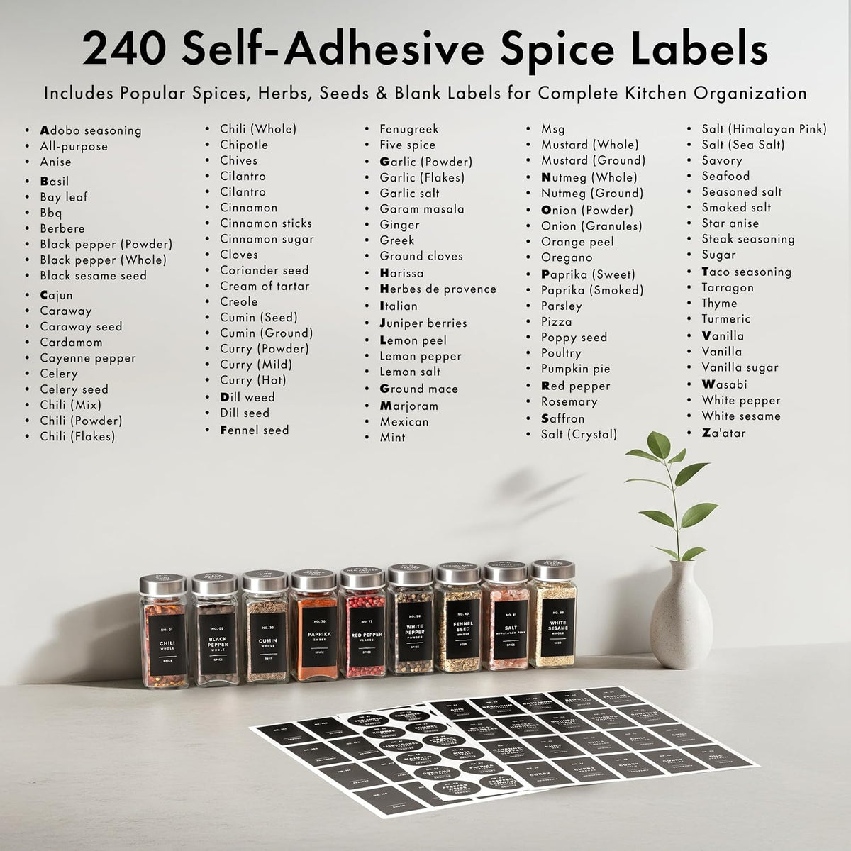 EDELHAUS Glass Spice Jars with Label, 24x Stainless Steel Lids