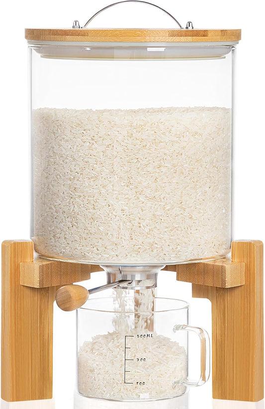 HBlife 8-10 Lbs Glass Rice Dispenser with Wooden Stand Flour and Cereal Container with Glass Measuring Cup Pantry Food Organization Storage Bin with Airtight Bamboo Lid, 5L