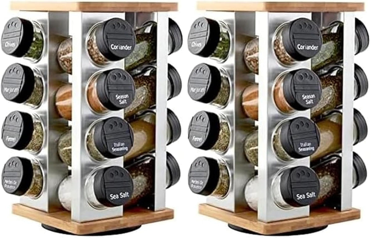 Kamenstein 16 Jar Ellington Revolving Countertop Spice Rack with Lift & Pour Caps and Spices Included, FREE Spice Refills for 5 Years: Black and Chrome