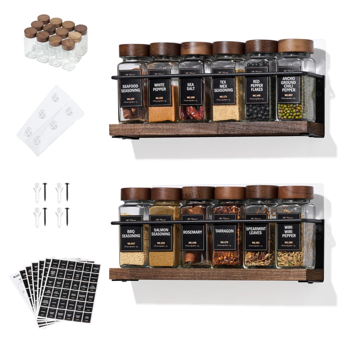 4-Tier Wall Mount Spice Rack Organizer with 24 Glass Jars, 216 Labels & Funnel - Screw/Adhesive Mount, Black Metal & Wood Spice Storage for Kitchen Pantry Cabinet, 11.6”L x 2.4”W x 3.2”H