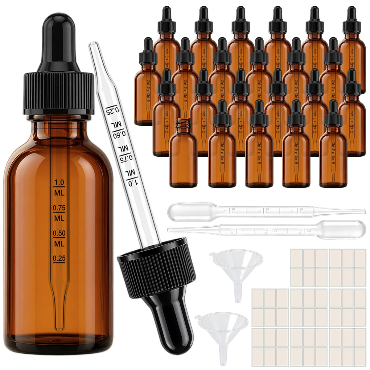 PrettyCare Glass Eye Dropper Bottles 24 Pack, 1oz (30ml) Clear Empty Thick Bottles Bulk with Leakproof Golden Caps - With Labels & Funnels for Storage, Travel, Essential Oils, Cuticle Oils, Tinctures