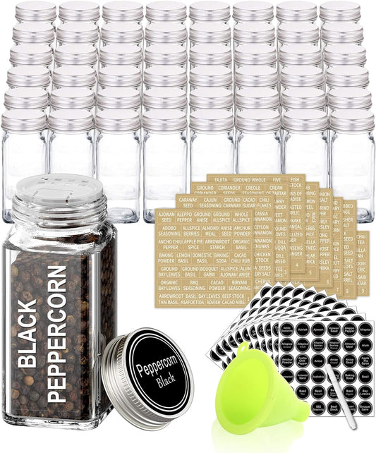 SWOMMOLY 48 Pcs 4 oz Glass Spice Jars with Shaker Lids and 703 Spice Labels