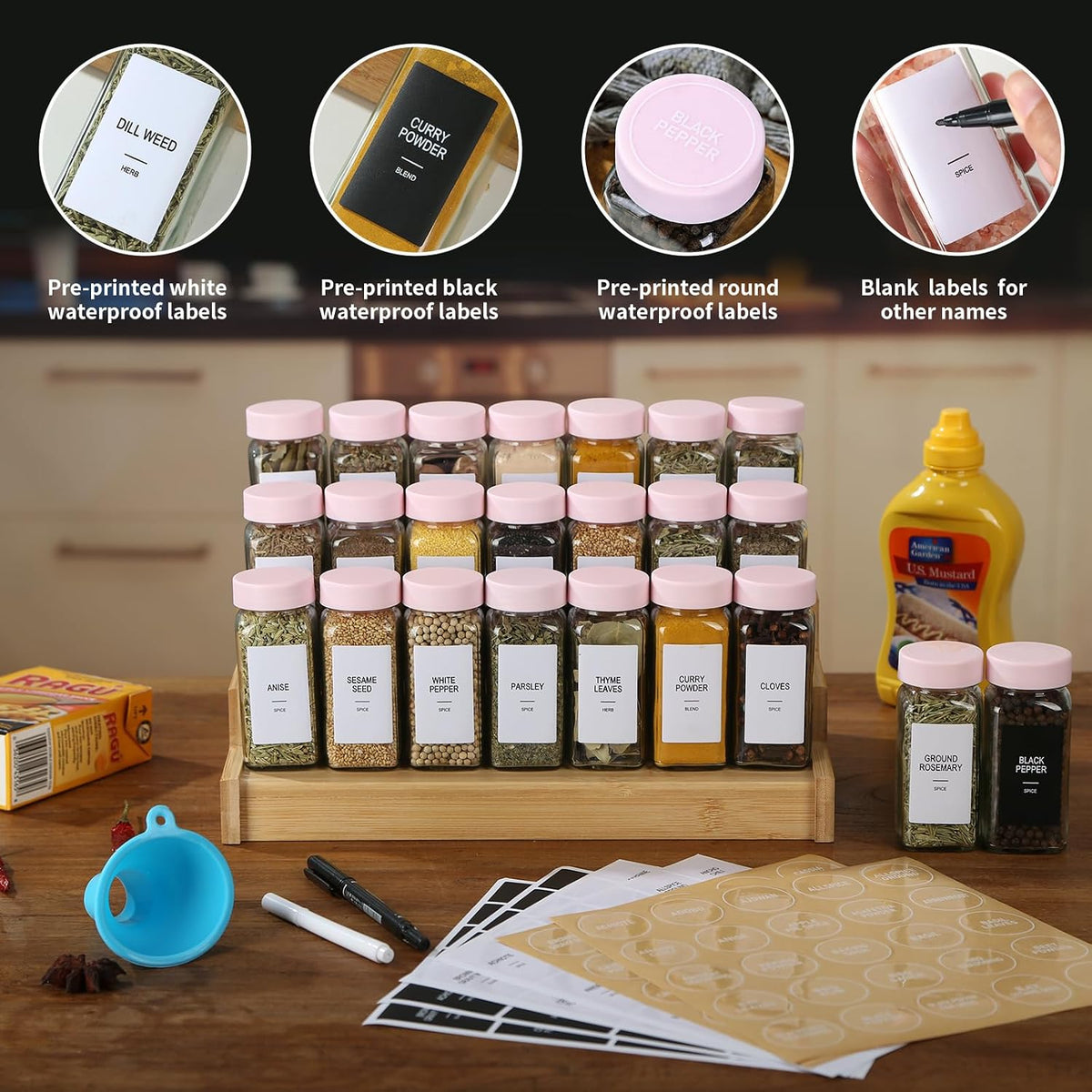 24 Glass Spice Jars with Labels, Spice Jar Set, 4oz Seasoning Containers, Spice Containers with Pink Airtight Lids and Shaker Lids, Square Empty Spice Bottles, 492 Labels, 1 Funnel