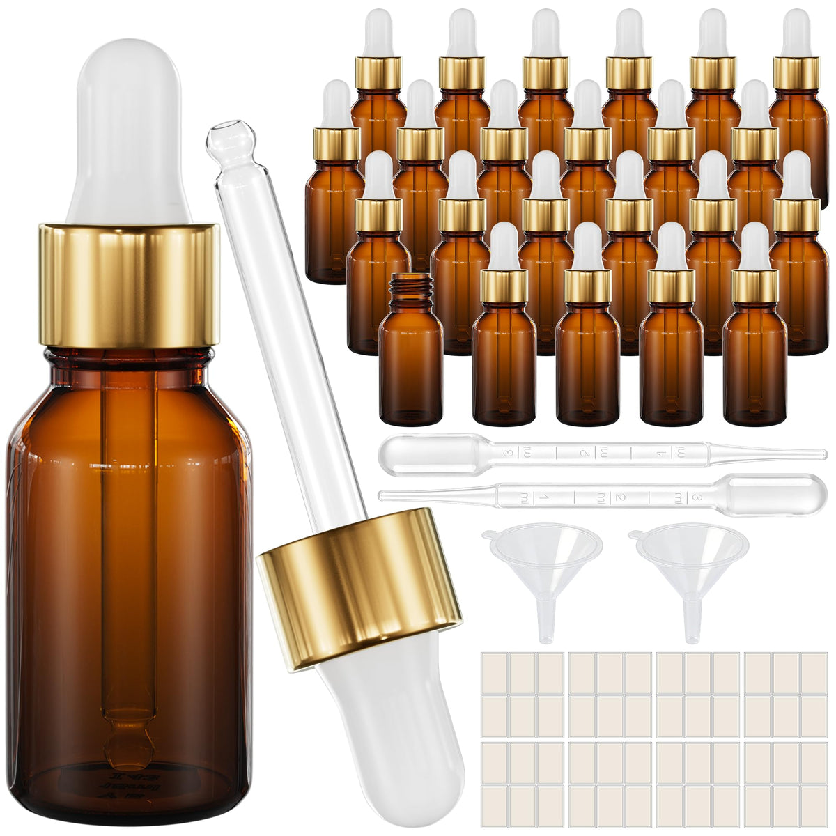 PrettyCare Glass Eye Dropper Bottles 24 Pack, 1oz (30ml) Clear Empty Thick Bottles Bulk with Leakproof Golden Caps - With Labels & Funnels for Storage, Travel, Essential Oils, Cuticle Oils, Tinctures