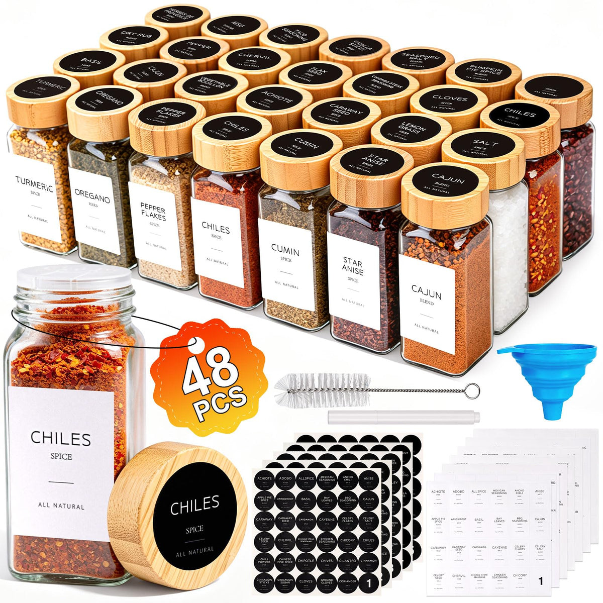 28PCS Spice Jars with Label, 4oz Glass Seasoning Containers with Bamboo Lid