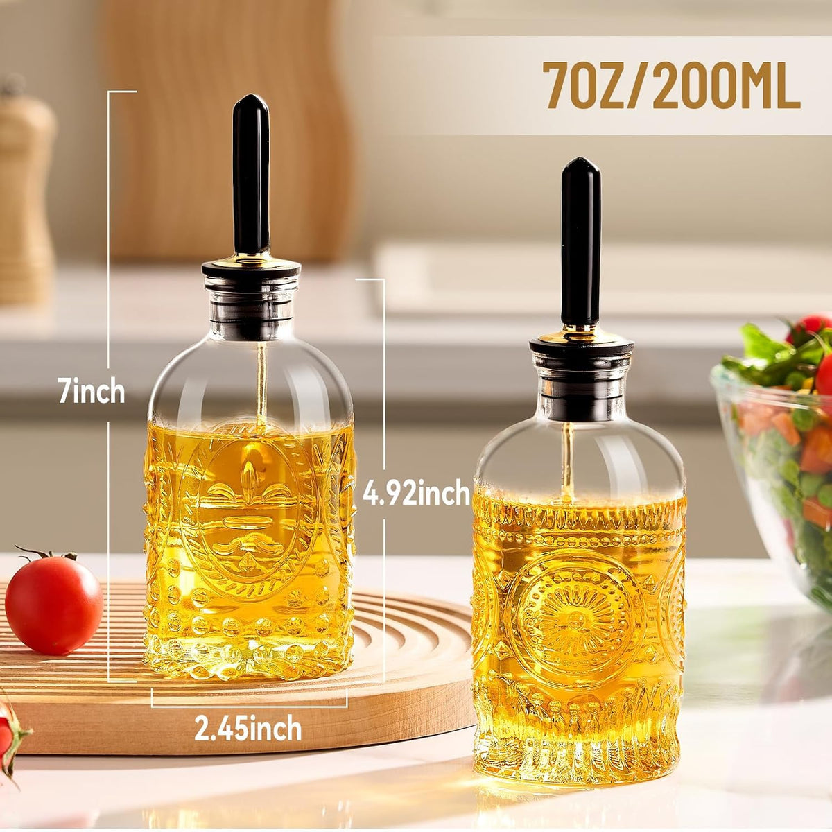 Baalaka Glass Olive Oil Dispenser Bottle Set, 7 oz, 2 Pack