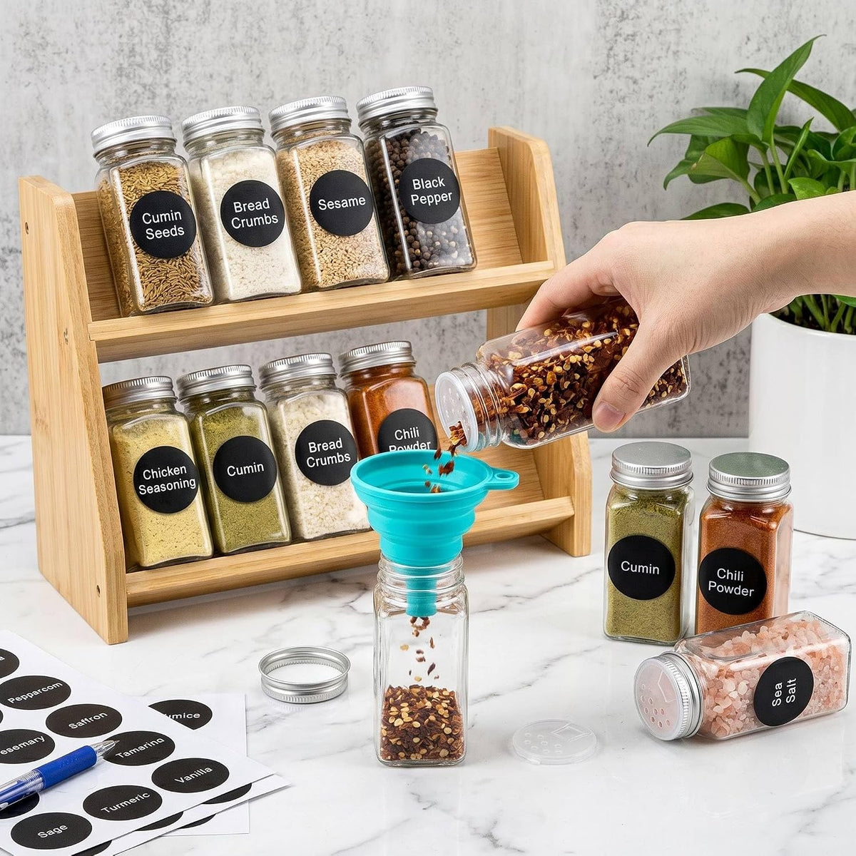 WUWEOT 24 Pack Plastic Spice Jars, 4 oz Spice Bottle Square Seasoning Containers, Reusable Salt Pepper Shaker with Airtight Lid Labels and Funnel for Spice, Herbs, Powder and Glitters