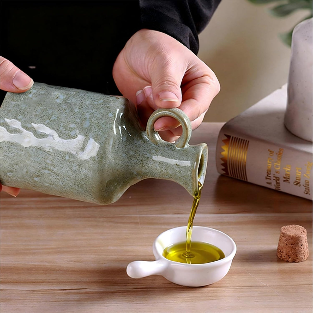 Green Ceramic Olive Oil Dispenser Bottle with Cork Stopper 13.5Oz