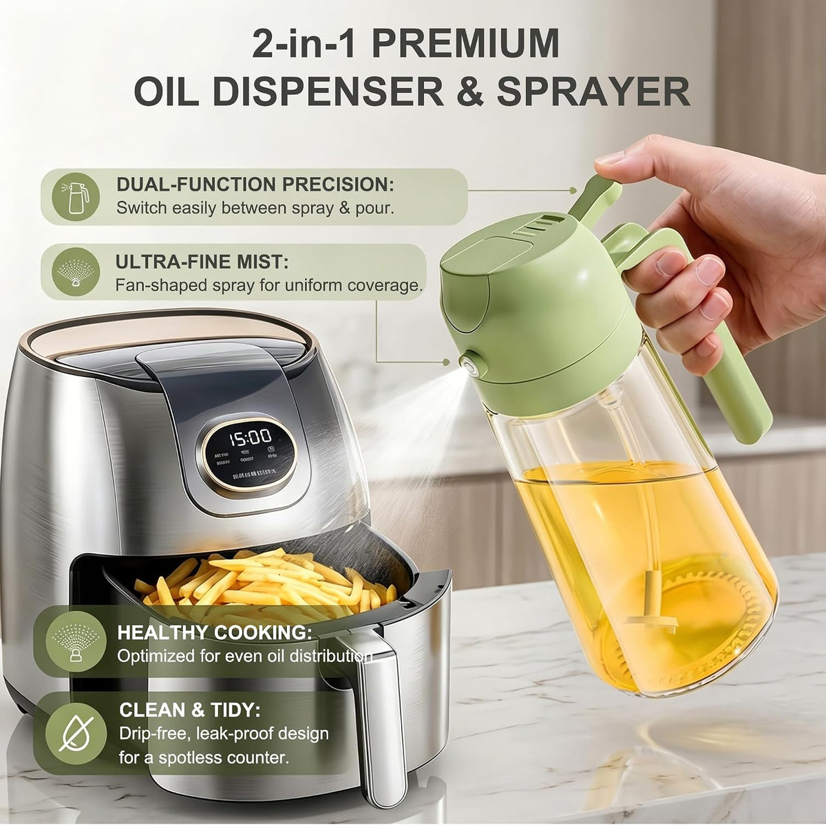 Pure Future 2-in-1 Olive Oil Sprayer for Cooking, Dispenser Bottle (Green)