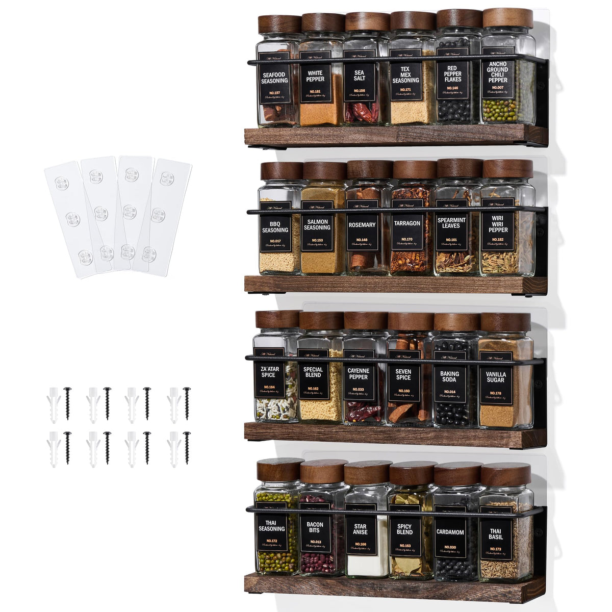 4-Tier Wall Mount Spice Rack Organizer with 24 Glass Jars, 216 Labels & Funnel - Screw/Adhesive Mount, Black Metal & Wood Spice Storage for Kitchen Pantry Cabinet, 11.6”L x 2.4”W x 3.2”H