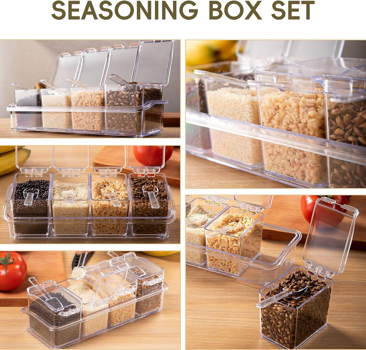XJMWXHFC Clear Seasoning Box, 4 Pieces Seasoning Rack Spice Pots, Storage Container Condiment Jars Acrylic Seasoning Box with Covers and Spoons for Spice, Sugar, Salt, Sugar, Cardamon, Cinnamon