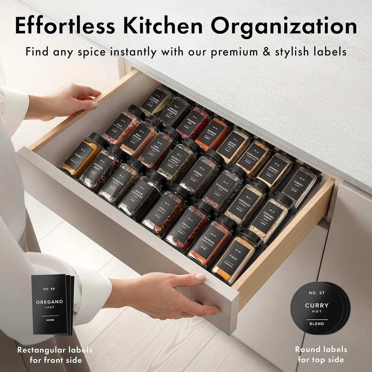 EDELHAUS Glass Spice Jars with Label, Seasoning Set, 24x Black Steel Lids
