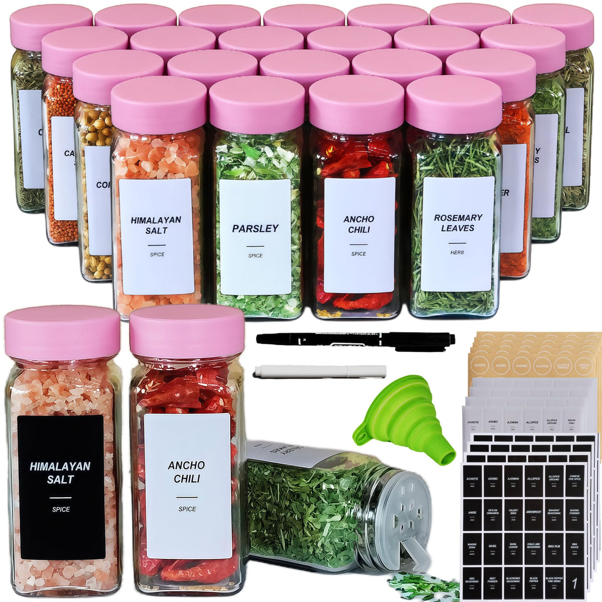 24 Spice Jars with Labels, 4oz Seasoning Jars for Cabinets, Drawers, Racks