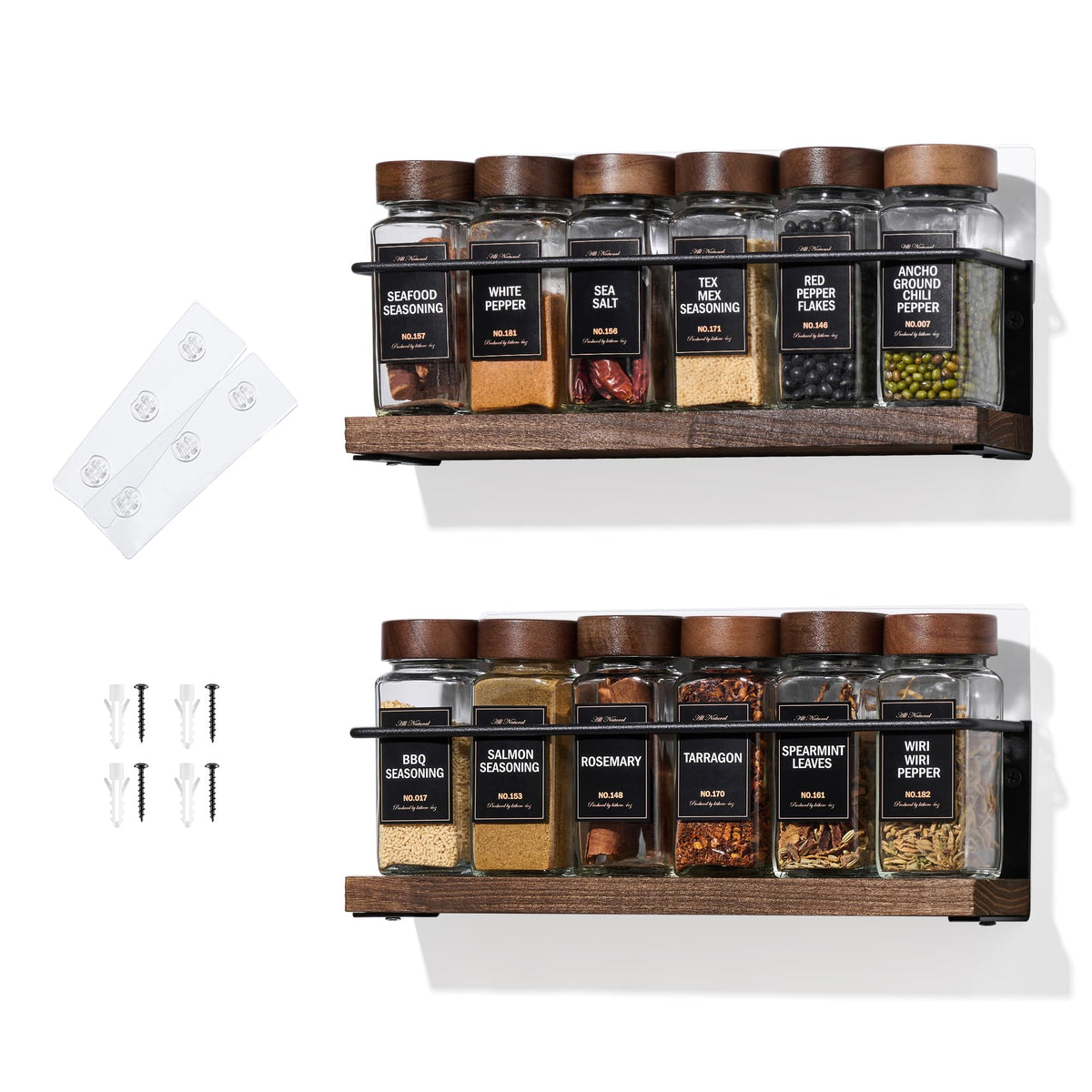 4-Tier Wall Mount Spice Rack Organizer with 24 Glass Jars, 216 Labels & Funnel - Screw/Adhesive Mount, Black Metal & Wood Spice Storage for Kitchen Pantry Cabinet, 11.6”L x 2.4”W x 3.2”H