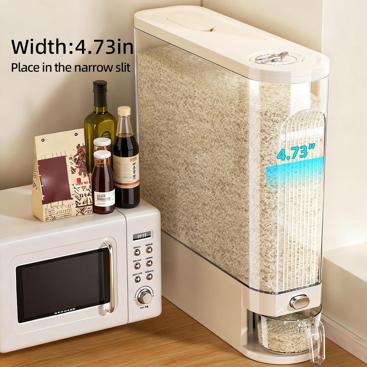 Rice Dispenser 11 Lbs, Airtight Rice Storage Container with Measuring Cup for Kitchen Pantry Organization, One-Touch Smart Dry Food Dispenser for Household Grain
