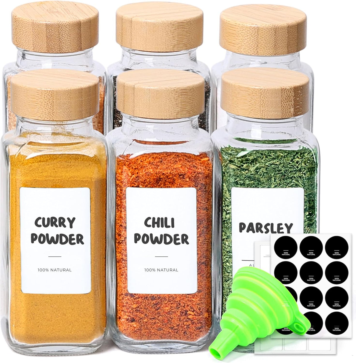 ComSaf Glass Spice Jars with with Labels 8 oz 6 Pack Bamboo Lids