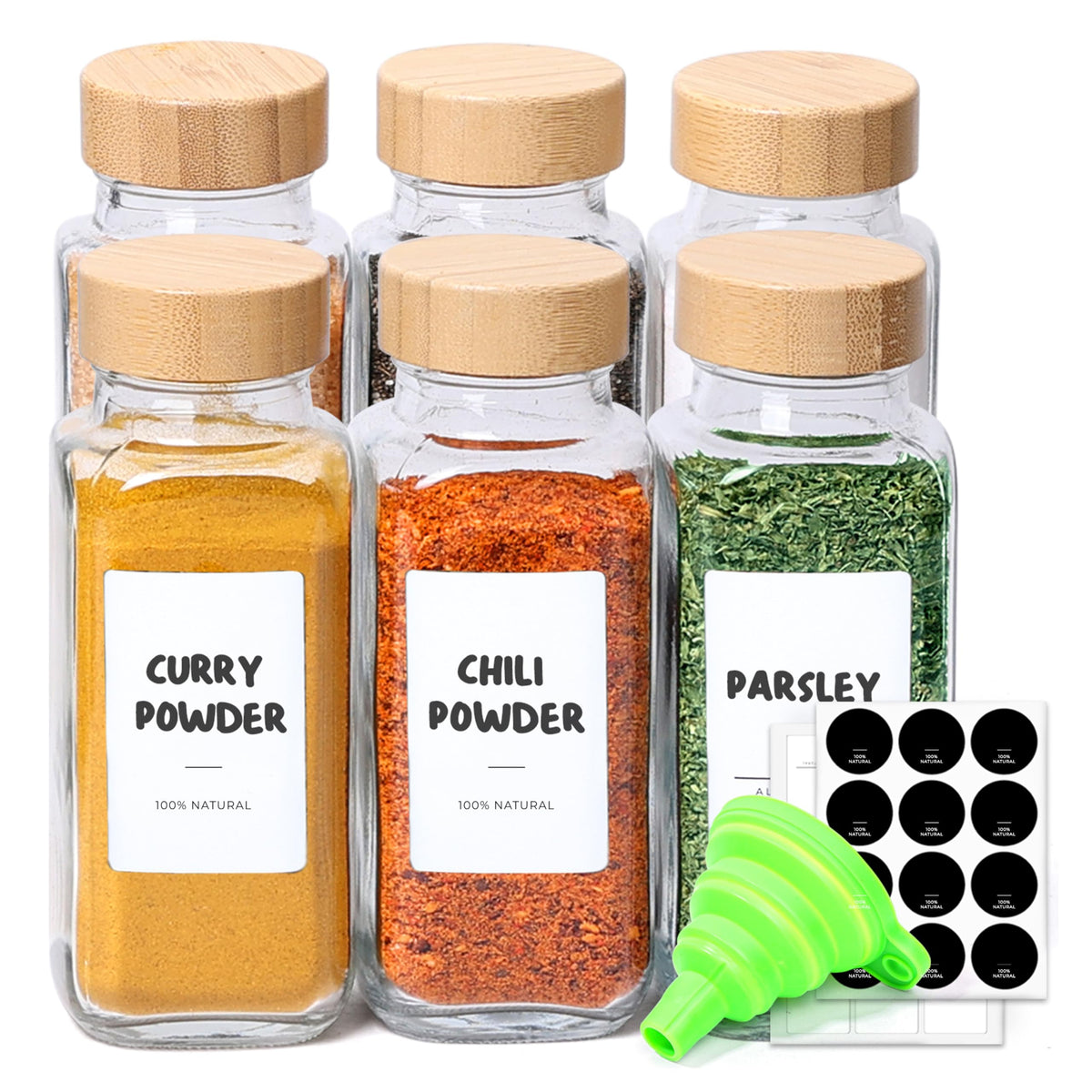 ComSaf Glass Spice Jars with with Labels 4 oz 6 Pack Small Bamboo Lids