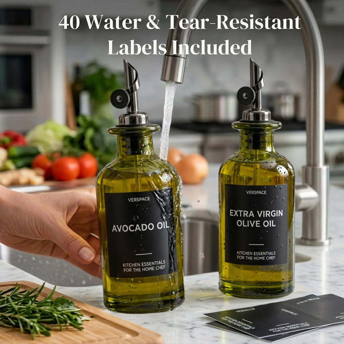 Verspace Green Glass Olive Oil Dispenser Bottles For Kitchen - 2 Pack - 12oz Includes 42 Kitchen Essential Labels, Avocado Oil Dispenser Set, Modern Decor for Home, Airbnb, Cafe