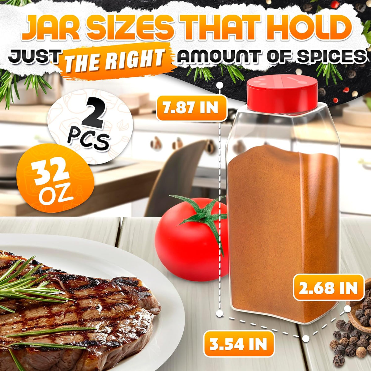 2 Pcs Seasoning Containers, 32 oz, Dual Flip-Top Lids, Plastic