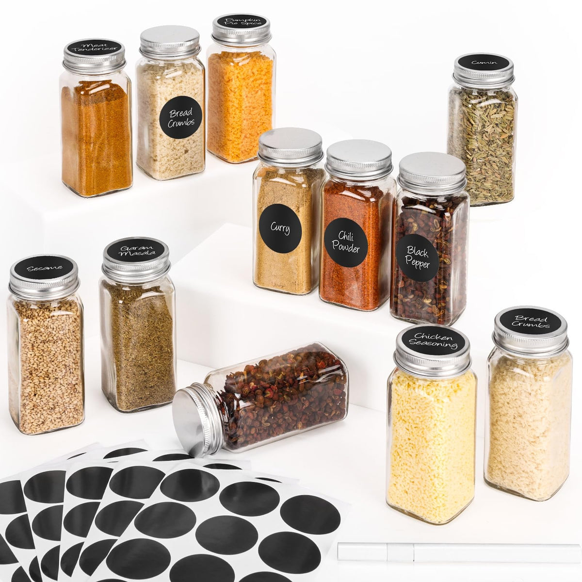 DIDITIME 6Pack Spice Jars with Label, 4oz Empty Square Seasoning Containers