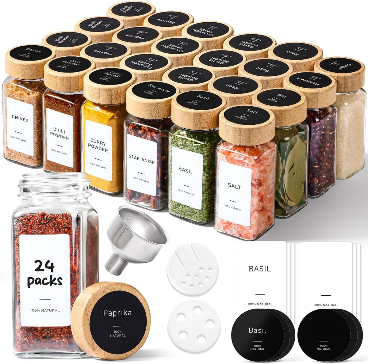 ComSaf Glass Spice Jars with with Labels 4 oz 24 Pack Bamboo Lids Bulk Set